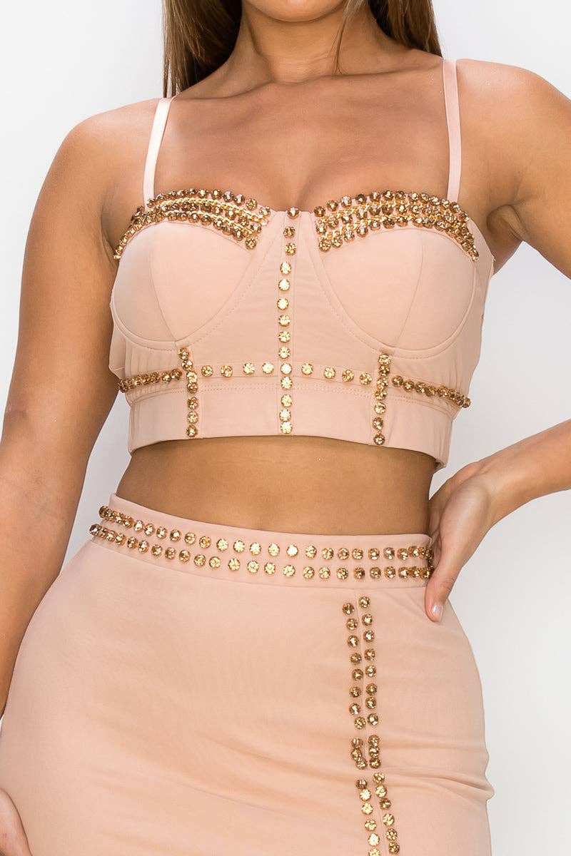 Studded Stone Cami Top & Slit Mini Skirts Set: L