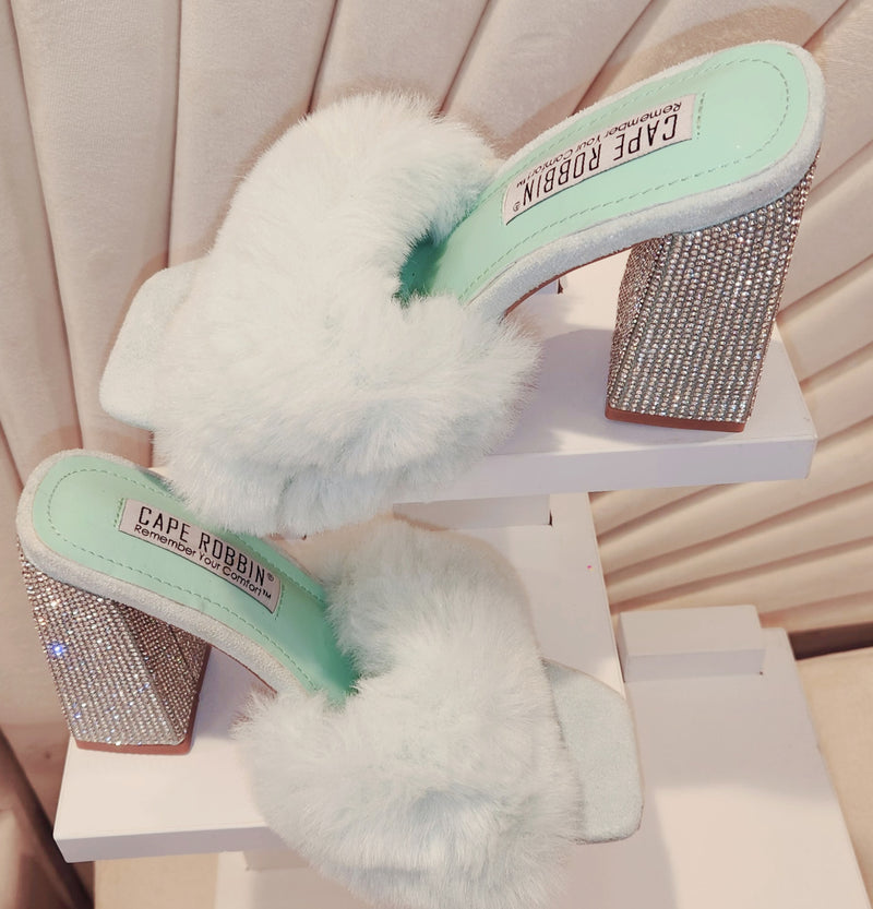 Luxury Bling Rhinestone Chunky Heel Fluffy Fur Sandals Women High Heel Shoes