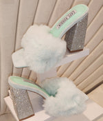 Luxury Bling Rhinestone Chunky Heel Fluffy Fur Sandals Women High Heel Shoes