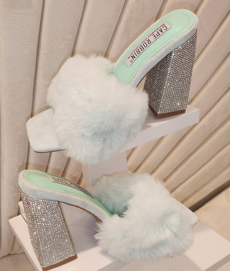 Luxury Bling Rhinestone Chunky Heel Fluffy Fur Sandals Women High Heel Shoes