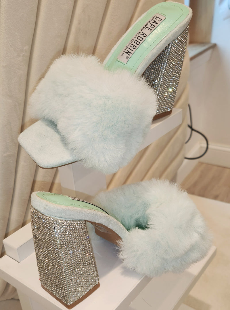 Luxury Bling Rhinestone Chunky Heel Fluffy Fur Sandals Women High Heel Shoes