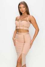 Studded Stone Cami Top & Slit Mini Skirts Set: L