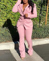 Button Design Blazer Coat Bootcut Pants Set
