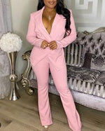 Button Design Blazer Coat Bootcut Pants Set