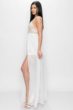 Decorative Lace Slit Off White Maxi Dress