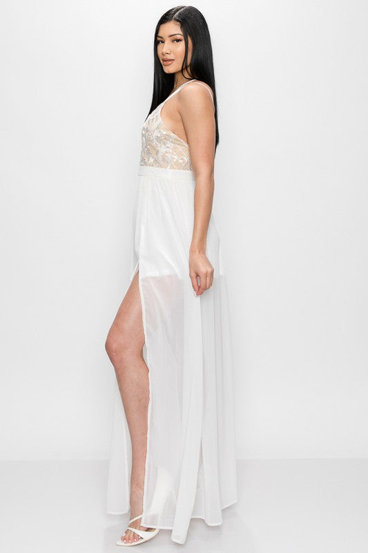 Decorative Lace Slit Off White Maxi Dress