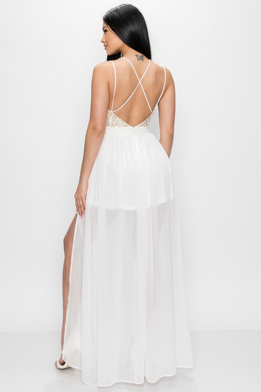Decorative Lace Slit Off White Maxi Dress
