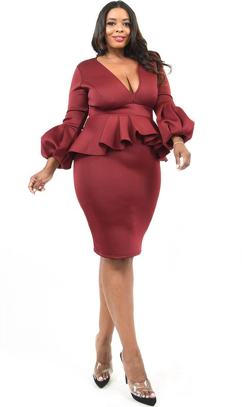 Deep V Neck Ruffle Front Stretch Dress