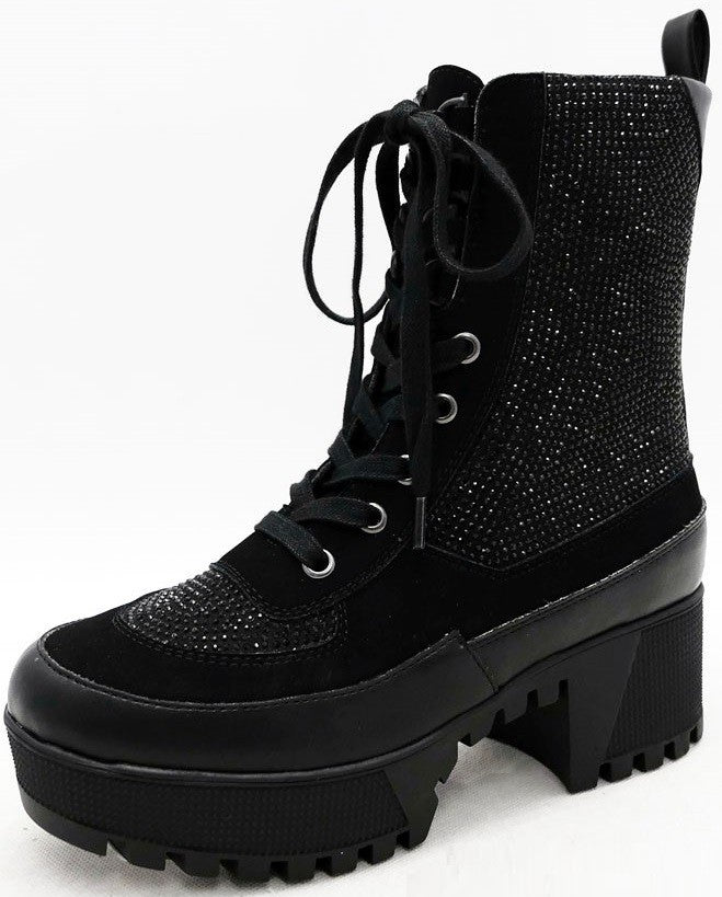 WOMENS RHINESTONE LUG COMBAT BOOTS SOLDIER
