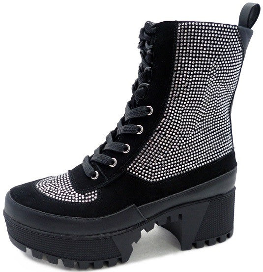 WOMENS RHINESTONE LUG COMBAT BOOTS SOLDIER