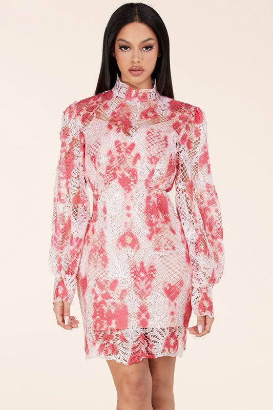 Smudge Print Coral Lace Mini Dress