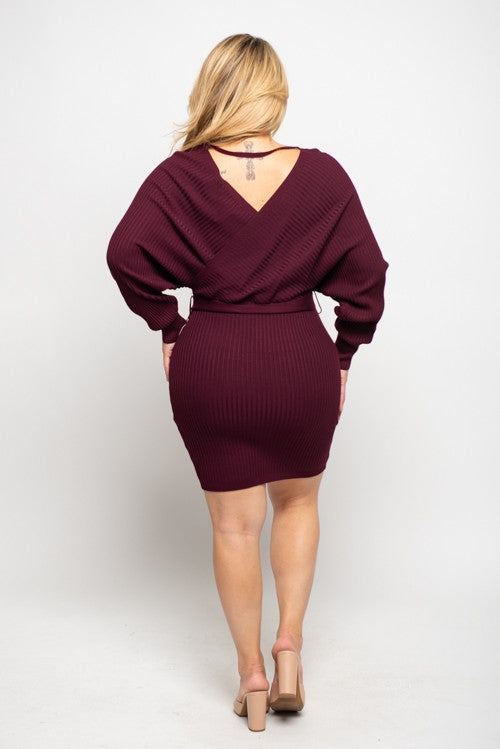 PLUS SIZE SURPLICE SWEATER KNIT DRESS
