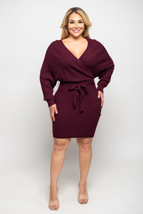 PLUS SIZE SURPLICE SWEATER KNIT DRESS