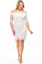 Plus size solid off shoulder crochet lace trim interior lining fashion dress