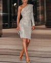 NEW One Shoulder Long Sleeve Allover Sequins Dress
