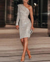 NEW One Shoulder Long Sleeve Allover Sequins Dress
