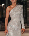 NEW One Shoulder Long Sleeve Allover Sequins Dress