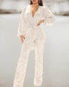 LANTERN SLEEVE ZIPPER BACK PLUNGE SEQUINS JUMPSUIT