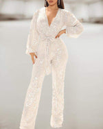 LANTERN SLEEVE ZIPPER BACK PLUNGE SEQUINS JUMPSUIT