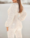 LANTERN SLEEVE ZIPPER BACK PLUNGE SEQUINS JUMPSUIT