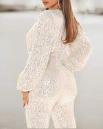 LANTERN SLEEVE ZIPPER BACK PLUNGE SEQUINS JUMPSUIT