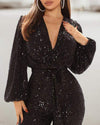 LANTERN SLEEVE ZIPPER BACK PLUNGE SEQUINS JUMPSUIT