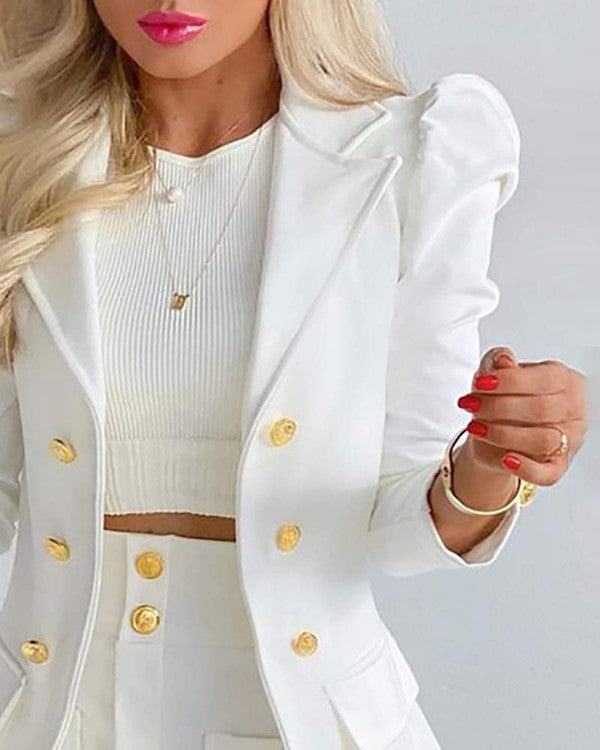 LEEVE BUTTONED BLAZER COAT POCKET DESIGN SKIRT SET