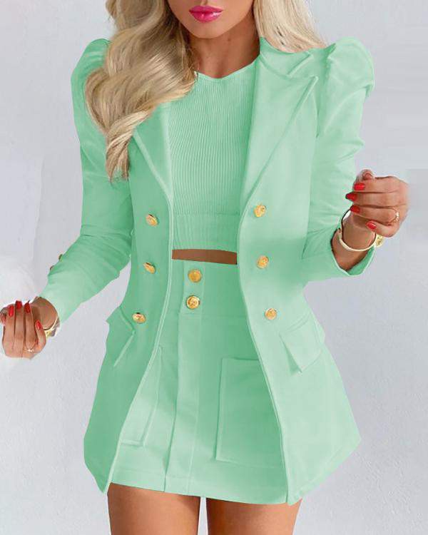 LEEVE BUTTONED BLAZER COAT POCKET DESIGN SKIRT SET