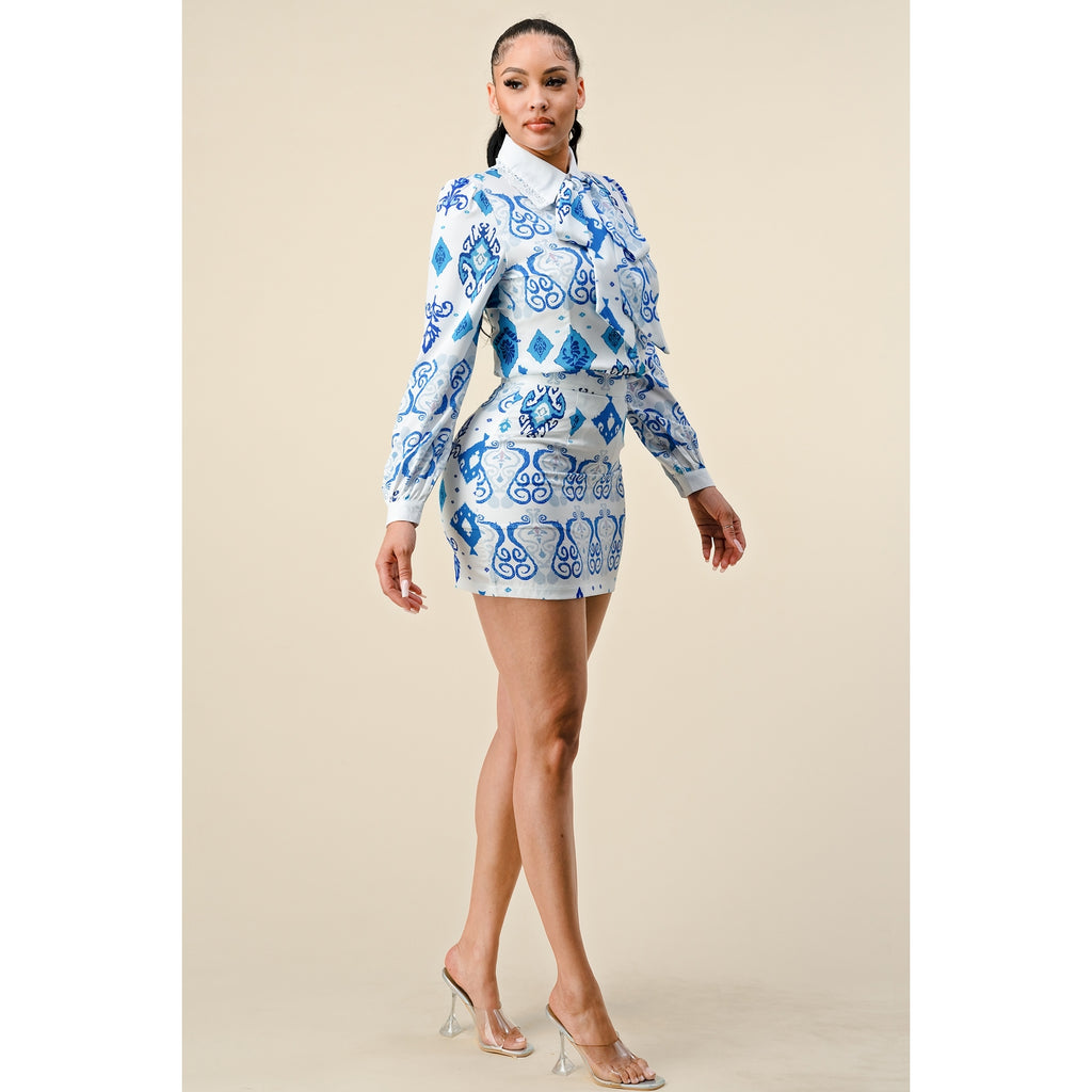 Lace Collar Detail Blouse & Mini Skirt Set