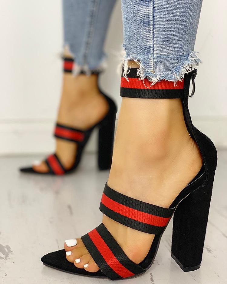 Stripes Tape Open Toe Chunky Heeled Sandals