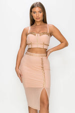 Studded Stone Cami Top & Slit Mini Skirts Set: L