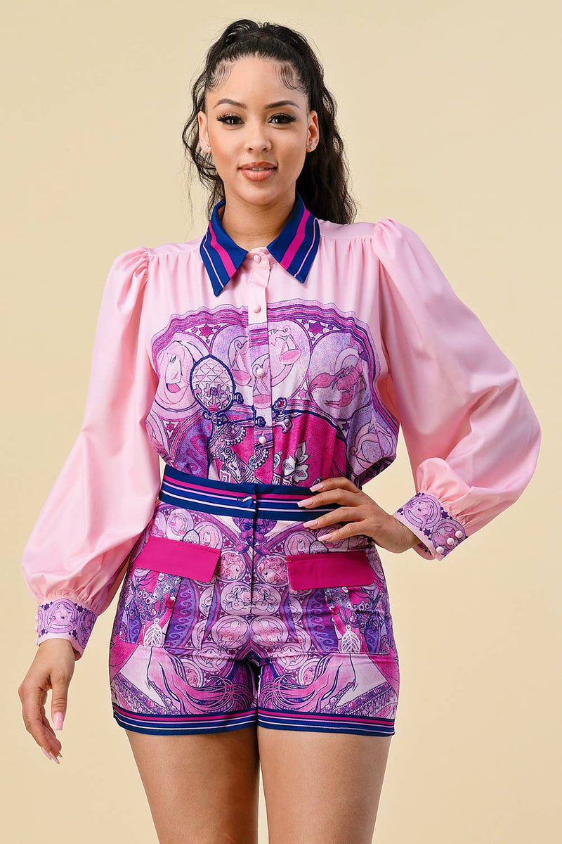 [SET] Printed Button Front Top & Shorts
