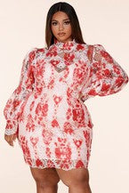 Smudge Print Coral Lace Mini Dress