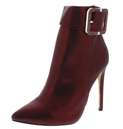 Amanda3 Red Rhinestone Buckle Stiletto Ankle Boot
