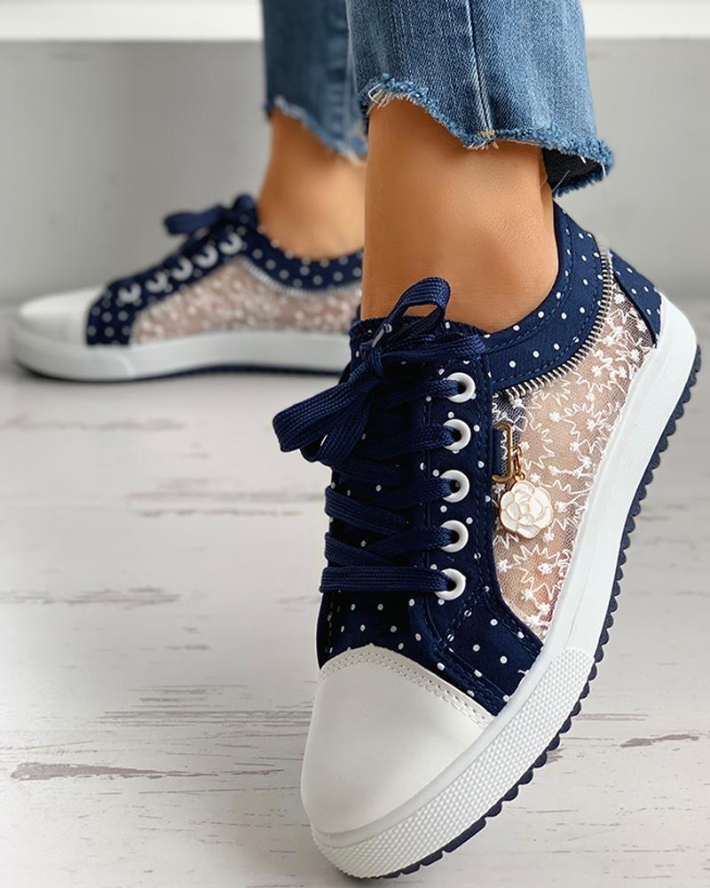 Floral Pattern Embroidery Dot Print Sneakers