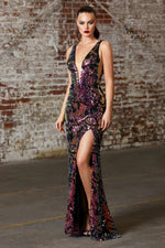 V-Neck Sequined Leg Slit Dress CDCF347