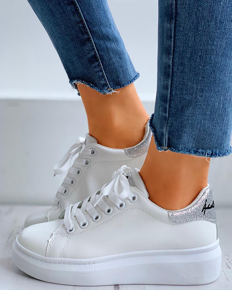 Glitter Letter Embroidery Lace-Up Casual Sneakers