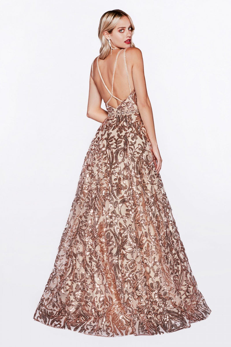 Sequined V-Neck A-Line Sleeveless Evening Dress CDCR842