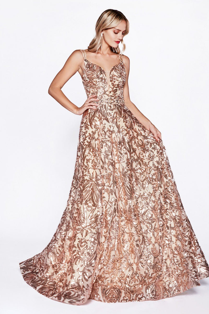 Sequined V-Neck A-Line Sleeveless Evening Dress CDCR842
