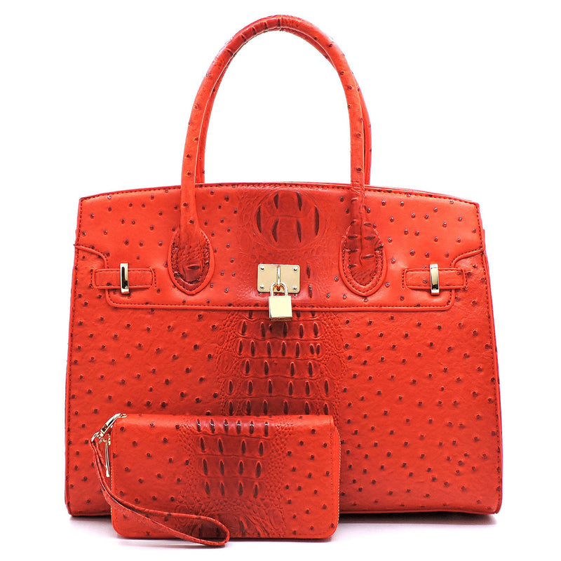 Ostrich Embossed Large Satchel Set