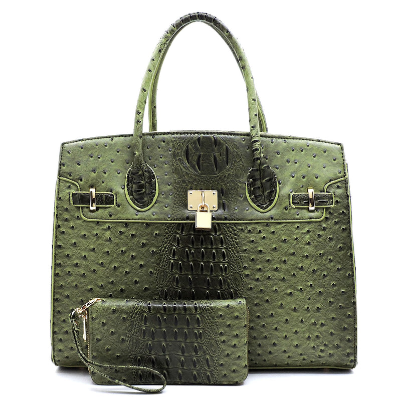 Ostrich Embossed Large Satchel Set