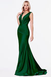Fitted jersey gown with rouched waistline and pleated deep v-neckline.