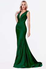 Fitted jersey gown with rouched waistline and pleated deep v-neckline.