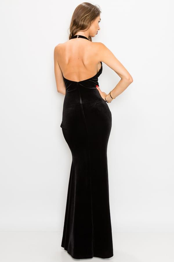 Velvet surplice open slit halter gown