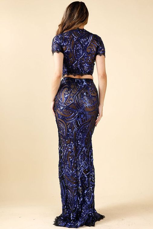 Gabby Sequined Cap Sleeve Crop Top And Sequin Maxi Skirt Set
