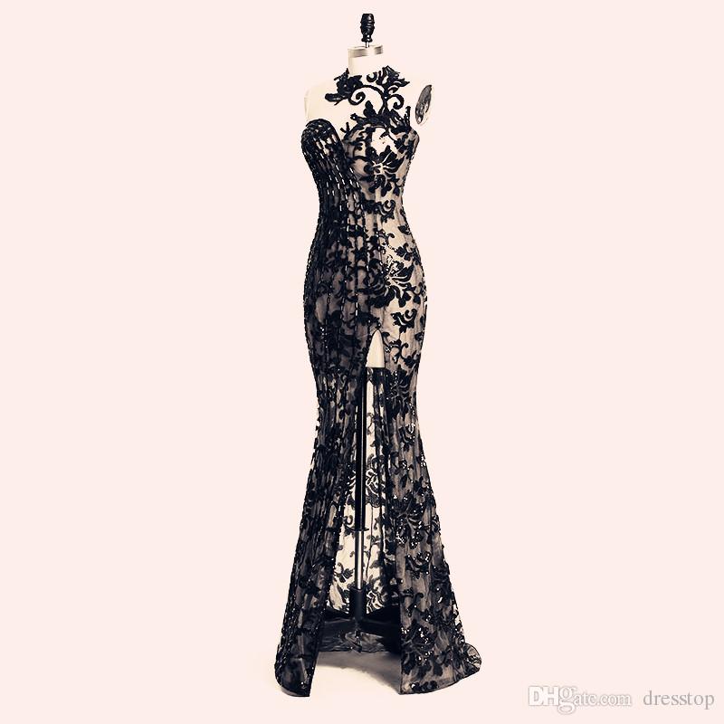 Elegant Beading Split Evening Dresses ,High Neck Mermaid Sequins