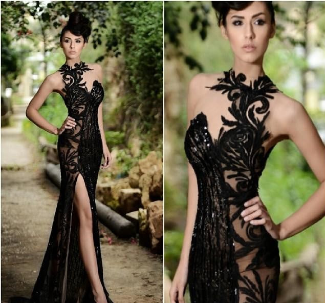 Elegant Beading Split Evening Dresses ,High Neck Mermaid Sequins
